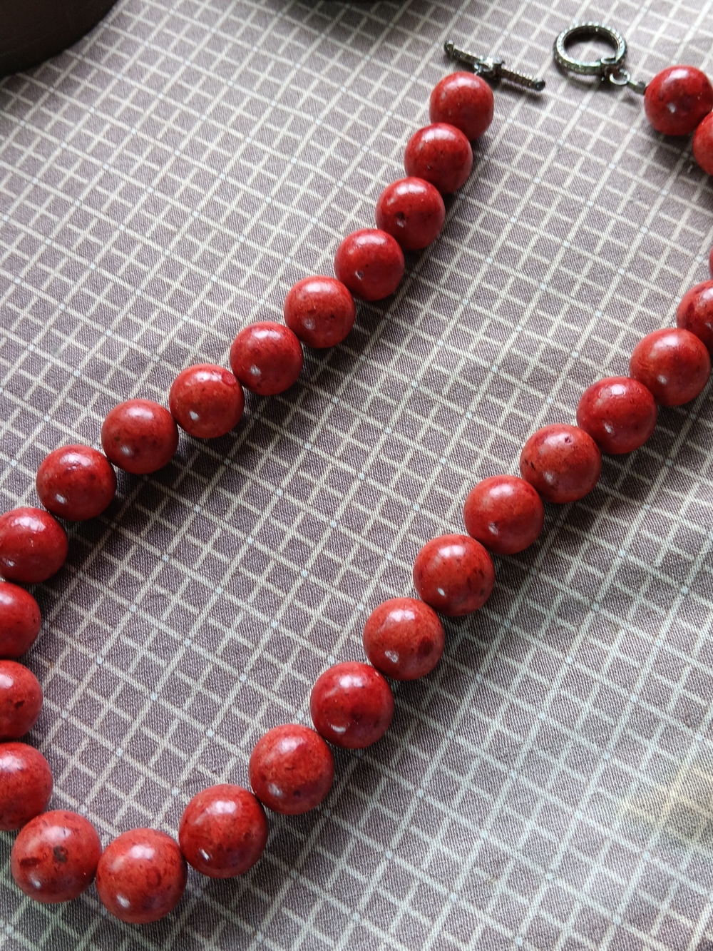 Red Beaded Necklace, Possibly Coral Or Shell??  Looks Treated, W Toggle Clasp.